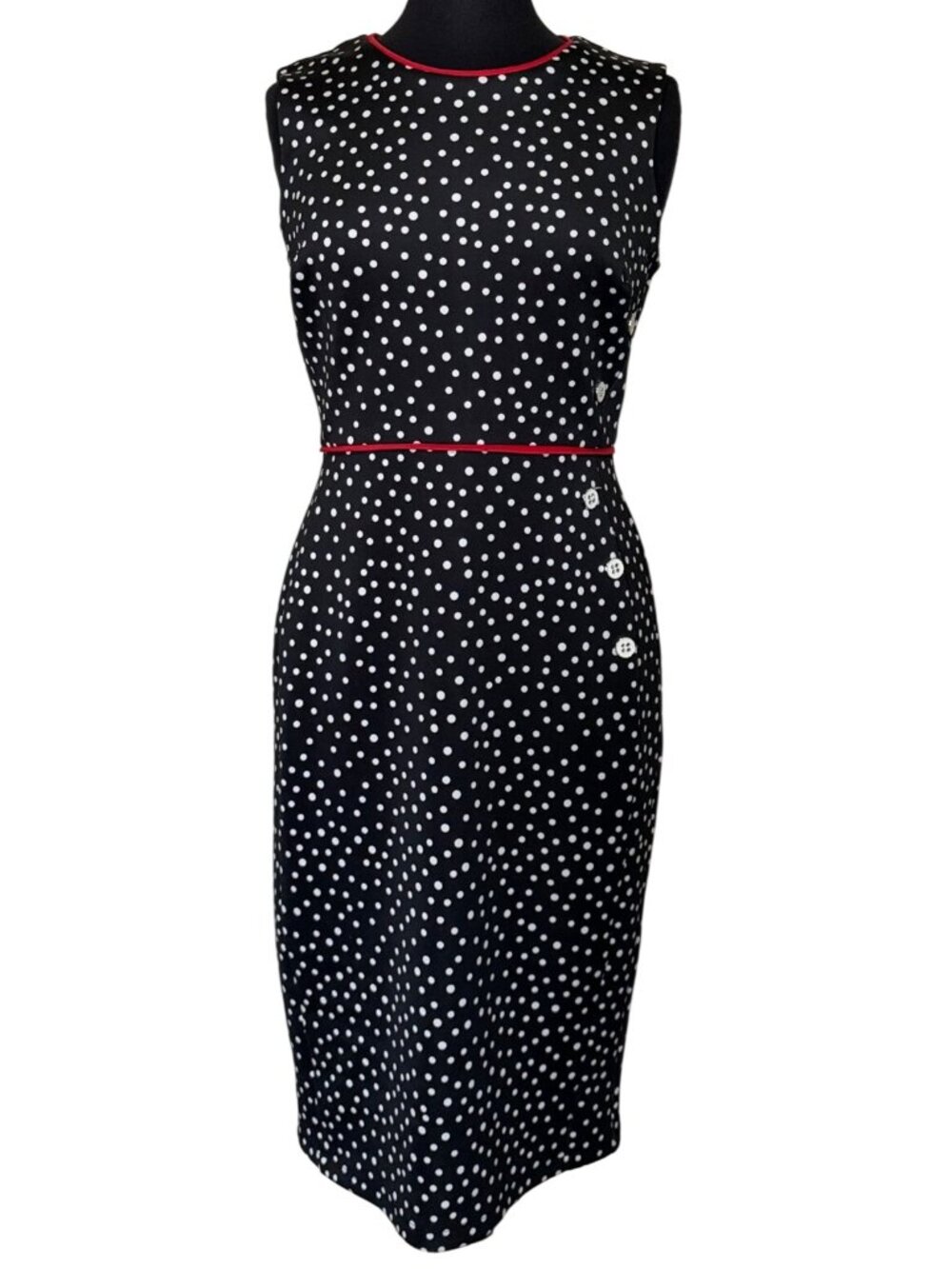 Enfocus Studio Women Sleeveless Navy & White Polka Dot Midi Pencil Dress Size 8